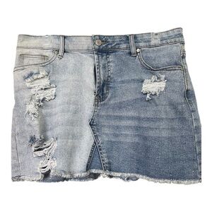Altar'd State Women's Two Tone Raw Hem Distressed Denim Medium Mini Skirt Y2K